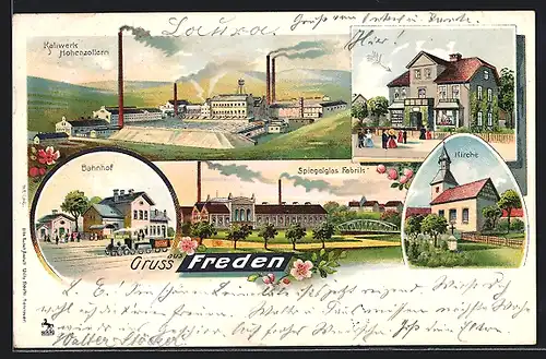 Lithographie Freden, Kaliwerk Hohenzollern, Spiegelglas-Fabrik, Bahnhof
