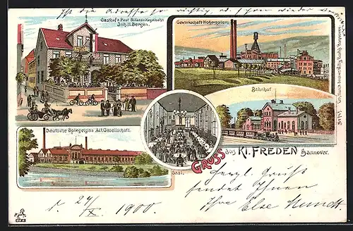 Lithographie Kl. Freden, Gasthof zur Post, Gewerkschaft Hohenzollern, Bahnhof, Deutsche Spiegelglas AG