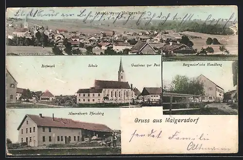 AK Malgersdorf, Mineralwerk Pfirsching, Gasthaus zur Post, Bergmeier'sche Handlung