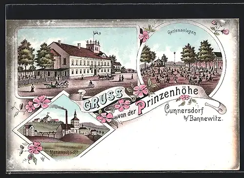 Lithographie Cunnersdorf b. Bannewitz, Marienschacht, Gasthof Prinzenhöhe mit Gartenanlagen