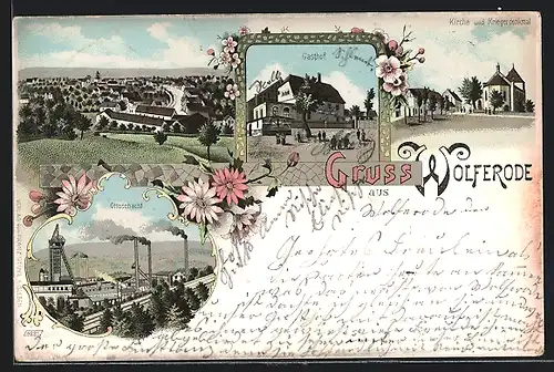 Lithographie Wolferode, Gasthof, Ottoschacht, Kirche und Kriegerdenkmal