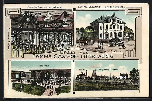 Lithographie Unter-Weisig, Tamm's Gasthof, Aussen- und Innenansicht, König Georg Schacht mit Schule