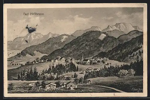 Künstler-AK Eugen Felle: Bad Heilbrunn, Ortsansicht mit Bergpanorama