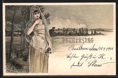 Künstler-AK H. Fründt: Frau mit bedeckten Haaren steht in verregneter Landschaft, Donnerstag, Jugendstil