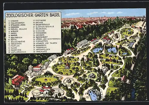AK Basel, Zoologischer Garten und Ortspanorama aus der Vogelschau, mit Index