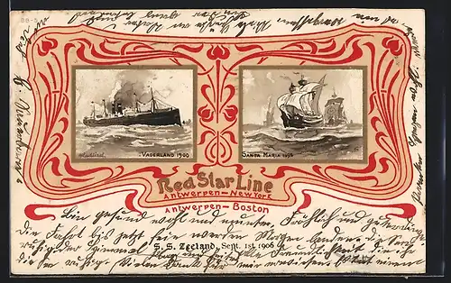 Künstler-AK H. Cassiers: Red Star Line, Antwerpen - New York, Antwerpen - Boston, Passagierschiff Vaderland, Santa Maria