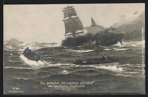 Künstler-AK Claus Bergen: Ein deutsches U-Boot vernichtet ein feindl. Segelschiff