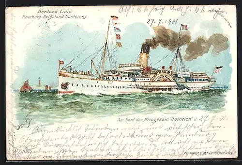 Künstler-AK Hans Bohrdt: Nordsee Linie Hamburg-Helgoland-Norderney, Passagierschiff Prinzessin Heinrich