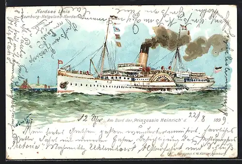 Künstler-AK Hans Bohrdt: Nordsee Linie Hamburg-Helgoland-Norderney, Passagierschiff Prinzessin Heinrich