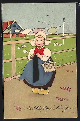 Künstler-AK F.Baumgarten: Das fleissige Lieschen, Mädchen in holländischer Tracht mit Strickzeug an der Gänsewiese