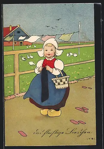 Künstler-AK F.Baumgarten: Das fleissige Lieschen, Mädchen in holländischer Tracht mit Strickzeug an der Gänsewiese