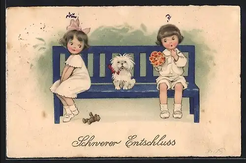 Künstler-AK Fritz Baumgarten: Kinder sitzen mit einem Hund auf einer Bank, Fröhliche Pfingsten!