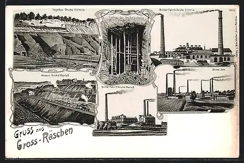 Lithographie Gross-Räschen, Brikett-Fabrik Grube Marie II, Brikett-Fabrik Grube Victoria, Tiefbau Vor Bruch