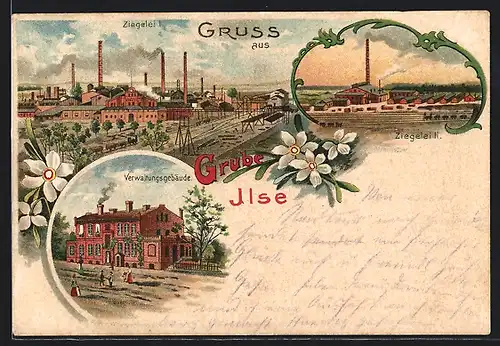 Lithographie Grube Ilse, Ziegelei I, Ziegelei II, Verwaltungsgebäude