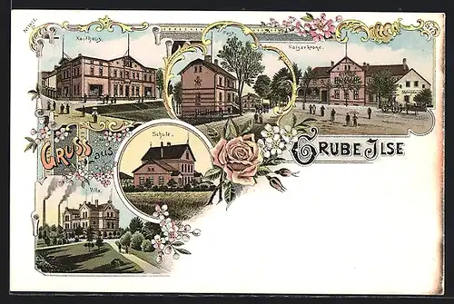 Lithographie Grube Ilse, Kaufhaus, Schule, Post, Kaiserkrone & Villa
