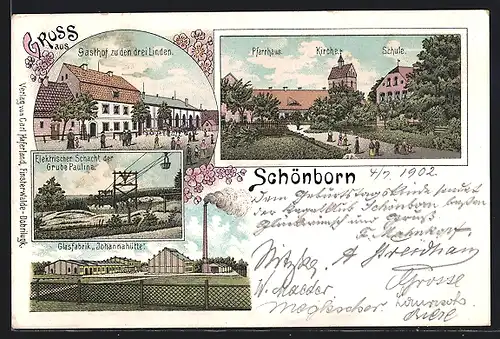 Lithographie Schönborn / Niederlausitz, Gasthof zu den drei Linden, Grube Pauline, Glasfabrik Johannahütte