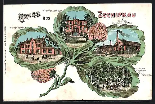 Lithographie Zschipkau, Zschipkauer Werke, Werksgasthof, Direktionsgebäude