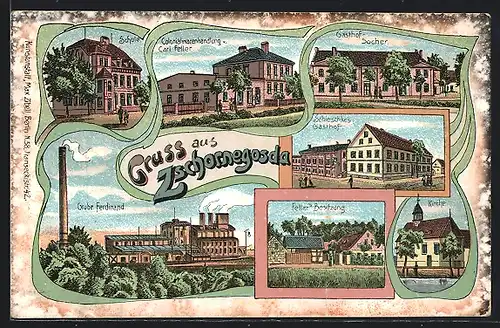 Lithographie Zschornegosda, Gasthof Socher, Schieschkes Gasthaus, Grube Ferdinand