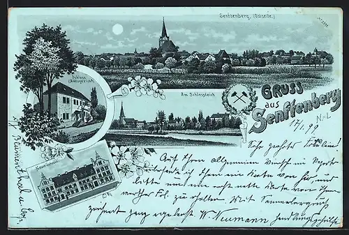 Mondschein-Lithographie Senftenberg, Neue Schule, Ostseite des Ortes, Bergarbeiter-Wappen