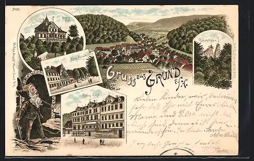 Lithographie Bad Grund, Gesamtansicht aus der Vogelschau, Römers Hotel und Villa