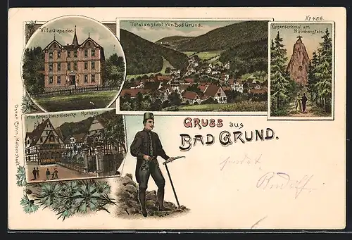 Lithographie Bad Grund, Villa Giesecke, Villa Römer und Kurhaus, Ortsansicht