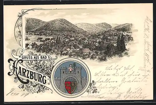 Lithographie Bad Harzburg, Gesamtansicht mit Bergen, Wappen mit Burg und Figur mit Tanne