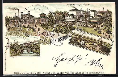 Lithographie Königsborn /Unna, Ortsansicht, Kurgarten