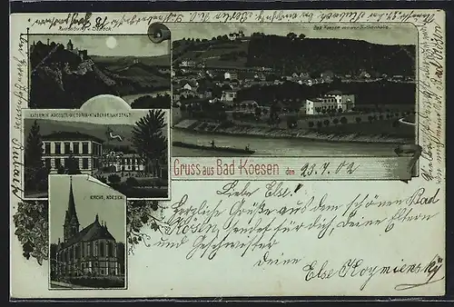 Mondschein-Lithographie Bad Kösen, Auguste-Victoria-Kinderheilanstalt, Rudelsburg & Saaleck, Ortsansicht