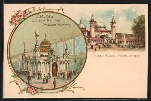 Lithographie Berlin, Gewerbe-Ausstellung 1896, Pavillon Rudolph Hertzog, Dampfer vor den Ausstellungshallen