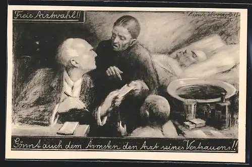AK Düsseldorf, Gesolei 1926, Freie Arztwahl, Arzt bei armer Familie mit krankem Vater