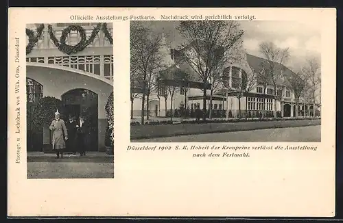 AK Düsseldorf, Ausstellung 1902, Kronprinz verlässt die Ausstellung nach dem Festmahl, Ausstellungshalle