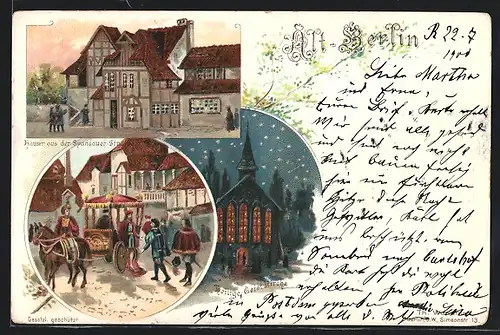 Lithographie Berlin, Gewerbe-Ausstellung 1896, Häuser der Spandauer-Strasse, Heilige Geistkirche