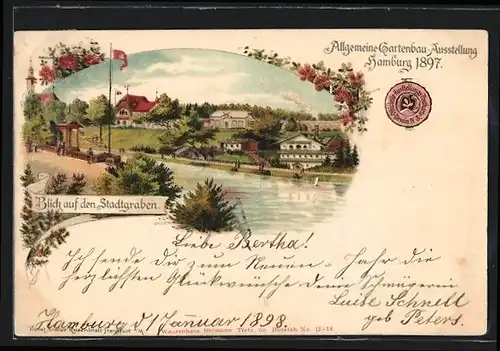 Lithographie Hamburg, Allgemeine Gartenbau-Ausstellung 1897, Blick auf den Stadtgraben