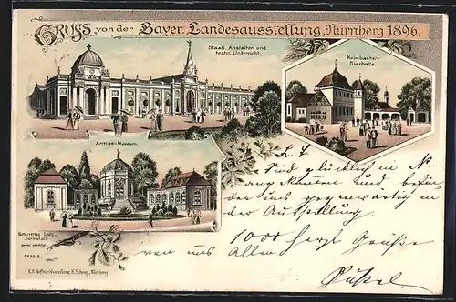 Lithographie Nürnberg, Bayer. Landesausstellung 1896, Kulmbacher-Bierhalle, Armee-Museum