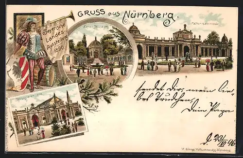 Lithographie Nürnberg, Bayerische Landes-Ausstellung 1896, Maschinenhalle, Fanfarenbläser mit Wappen, West-Colonnade