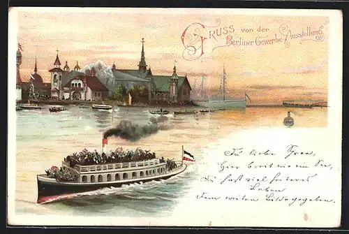 Lithographie Berlin, Gewerbe-Ausstellung 1896, Schiff bei Abenddämmerung