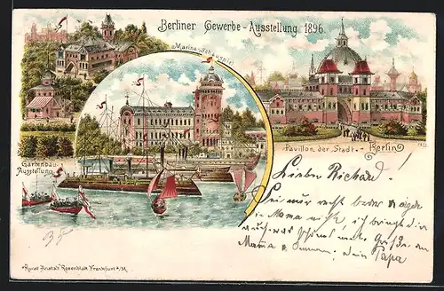 Lithographie Berlin, Gewerbe-Ausstellung 1896, Pavillon der Stadt und Marine-Schauspiel