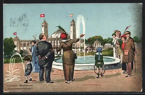 AK Bern, Schweizerische Landes-Ausstellung 1914, Unlauterer Wettbewerb, Karikatur, Besucher vor Ausstellungsgebäude