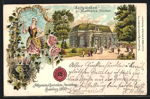 Lithographie Hamburg, Allgemeine Gartenbau-Ausstellung 1897, Sectpavillon von Mattheus Müller, Dame mit Sektflöte