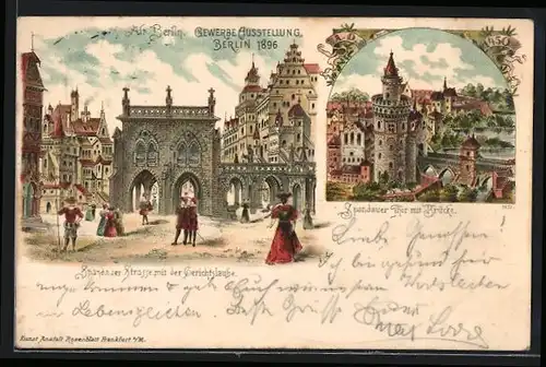 Lithographie Spandauer Strasse und Spandauer Tor auf der Gewerbe-Ausstellung Berlin 1896
