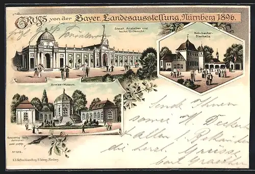 Lithographie Nürnberg, Bayerische Landes-Ausstellung 1896, Kulmbacher Bierhalle, Armee-Museum