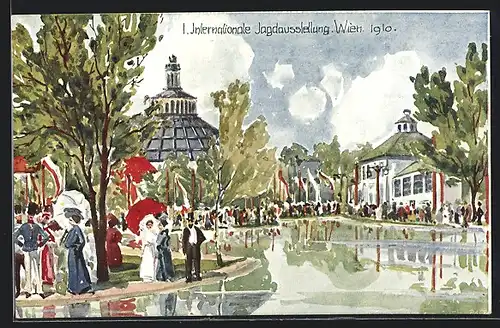 Künstler-AK Wien, I. Internationale Jagdausstellung 1910, auf dem Ausstellungsgelände