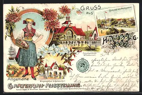 Lithographie Hamburg, Allgemeine Gartenbau-Ausstellung 1897, Ausstellungsgebäude und Eingangsthore