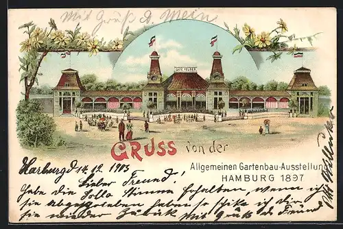 Lithographie Hamburg, Gartenbau-Ausstellung 1897, Cafe Felber auf dem Ausstellungsgelände