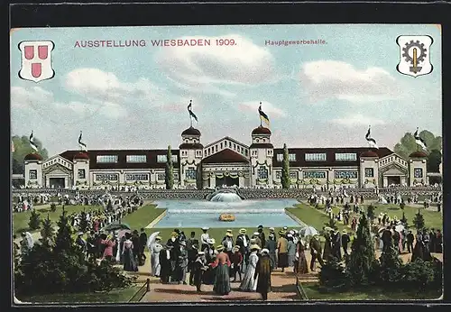 AK Wiesbaden, Ausstellung 1909, Hauptgewerbehalle mit Anlage und Publikum, Wappen