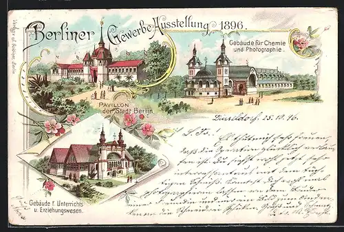 Lithographie Berlin, Gewerbe-Ausstellung 1896, Pavillon der Stadt Berlin, Gebäude f. Erziehungswesen & Chemie