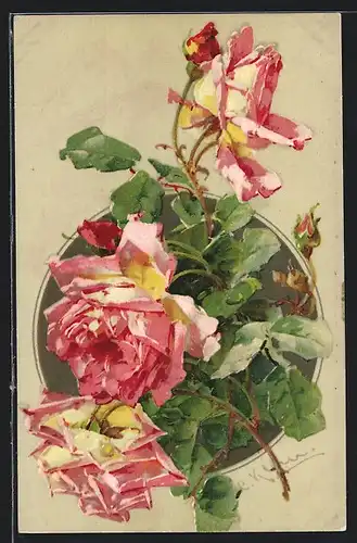 Künstler-AK Catharina Klein: Rosagelbe Rosen mit Knospen und Blättern