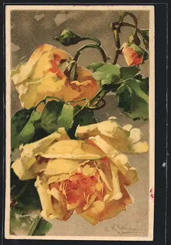 Künstler-AK Catharina Klein: Grosse gelbe Rosenblüten und Knospen