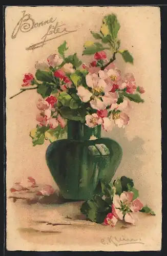 Künstler-AK Catharina Klein: Grüne Vase mit Heckenrosen