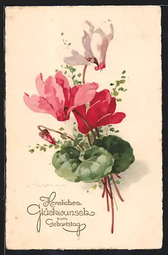 Künstler-AK Catharina Klein: Alpenveilchen, Geburtstagsgruss